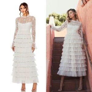 Mac Duggal 8003 Size 4 Embroidered Long Sleeve‎ Ruffled Tiered Pearl White Dress